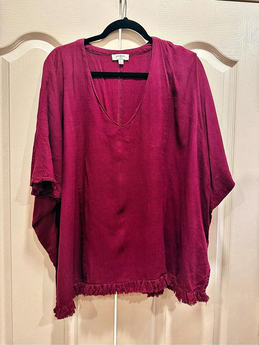 Umgee Burgundy Maroon Oversized Fringe Poncho Top L